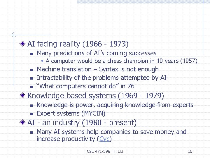 AI facing reality (1966 - 1973) n Many predictions of AI’s coming successes w