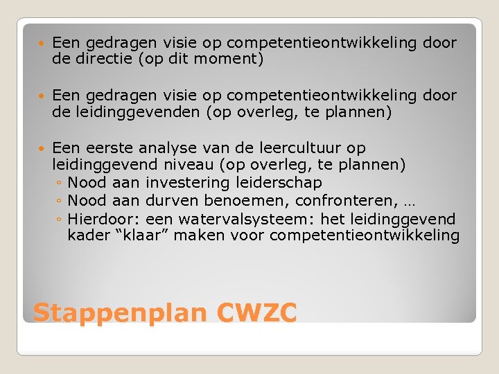  Een gedragen visie op competentieontwikkeling door de directie (op dit moment) Een gedragen