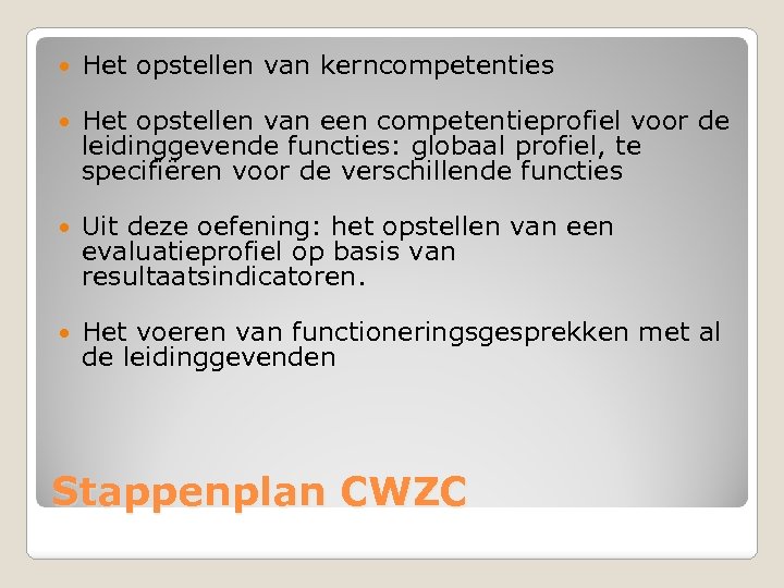  Het opstellen van kerncompetenties Het opstellen van een competentieprofiel voor de leidinggevende functies:
