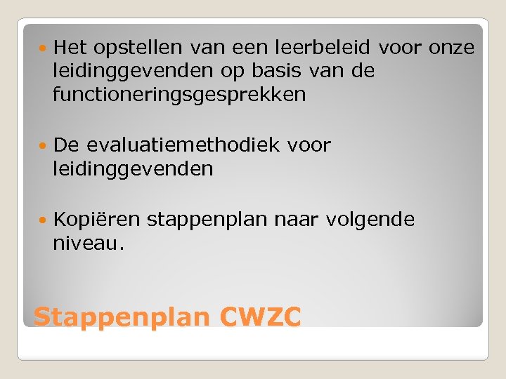  Het opstellen van een leerbeleid voor onze leidinggevenden op basis van de functioneringsgesprekken