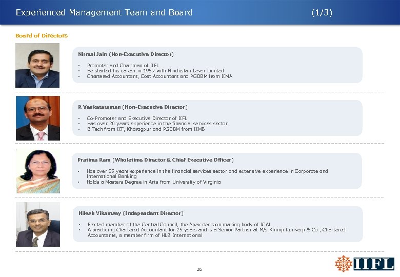 Experienced Management Team and Board (1/3) Board of Directors Nirmal Jain (Non-Executive Director) •