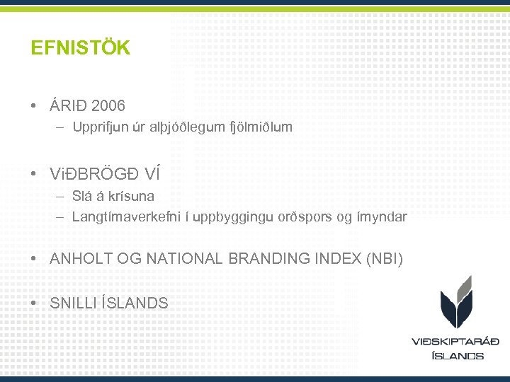 EFNISTÖK • ÁRIÐ 2006 – Upprifjun úr alþjóðlegum fjölmiðlum • ViÐBRÖGÐ VÍ – Slá
