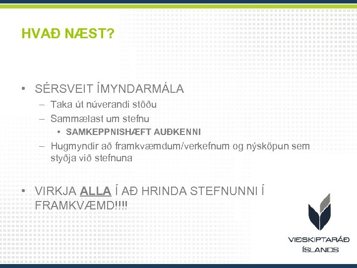 HVAÐ NÆST? • SÉRSVEIT ÍMYNDARMÁLA – Taka út núverandi stöðu – Sammælast um stefnu