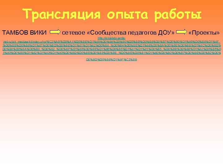 Трансляция опыта работы ТАМБОВ ВИКИ сетевое «Сообщества педагогов ДОУ» «Проекты» http: //ipklabdo. lantanet. ru/ipk_mediawiki/index.