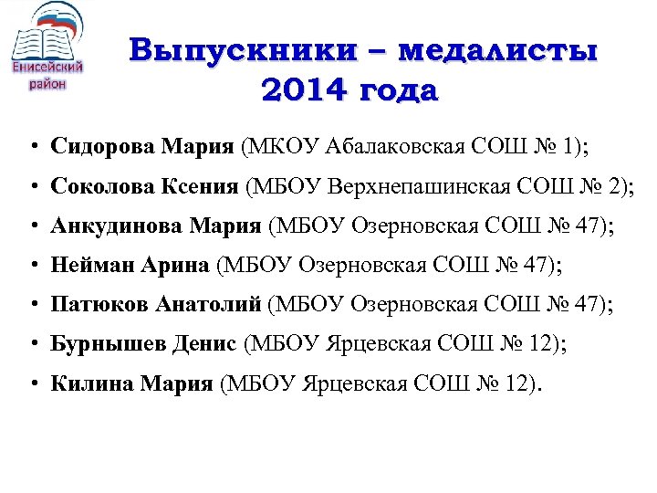 Выпускники – медалисты 2014 года • Сидорова Мария (МКОУ Абалаковская СОШ № 1); •