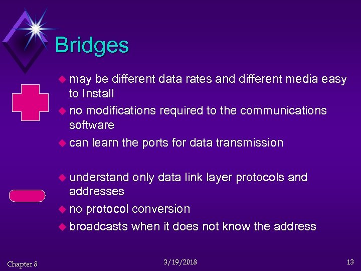 Bridges u may be different data rates and different media easy to Install u