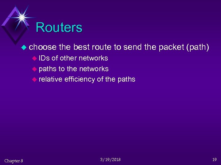 Routers u choose the best route to send the packet (path) u IDs of