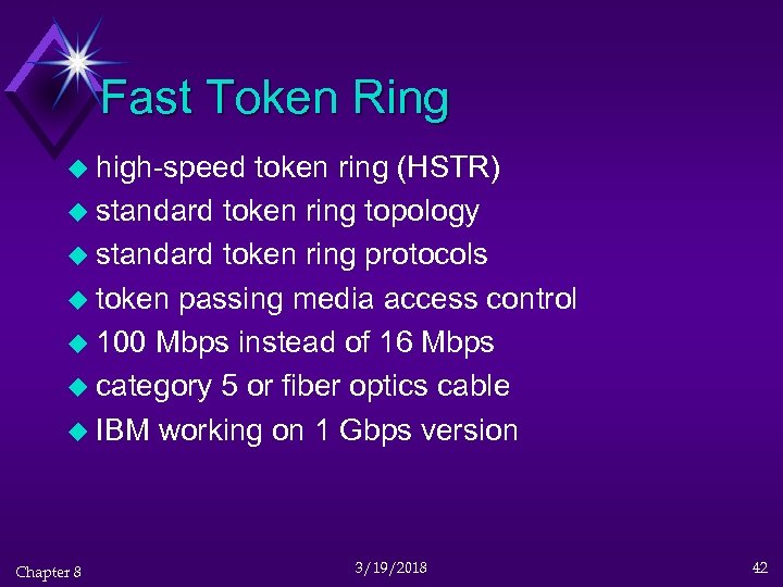 Fast Token Ring u high-speed token ring (HSTR) u standard token ring topology u