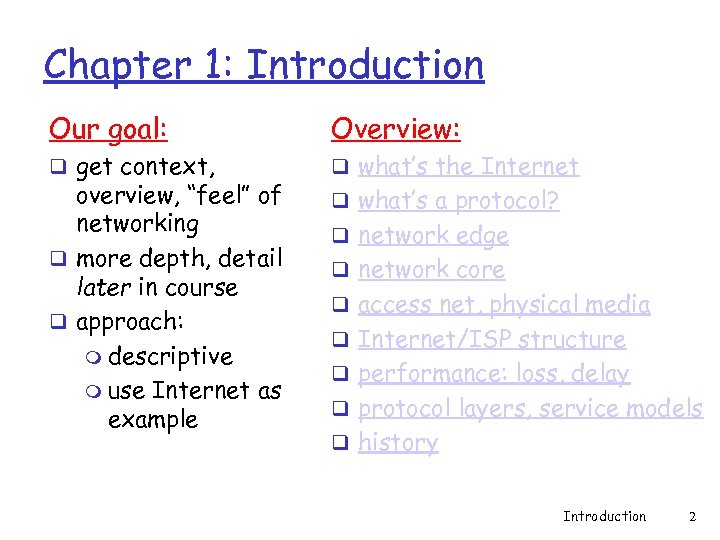 Chapter 1: Introduction Our goal: Overview: q get context, q what’s the Internet overview,