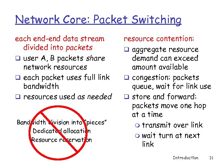 Network Core: Packet Switching each end-end data stream divided into packets q user A,