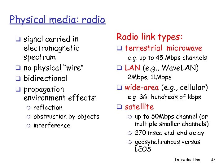 Physical media: radio q signal carried in electromagnetic spectrum q no physical “wire” q