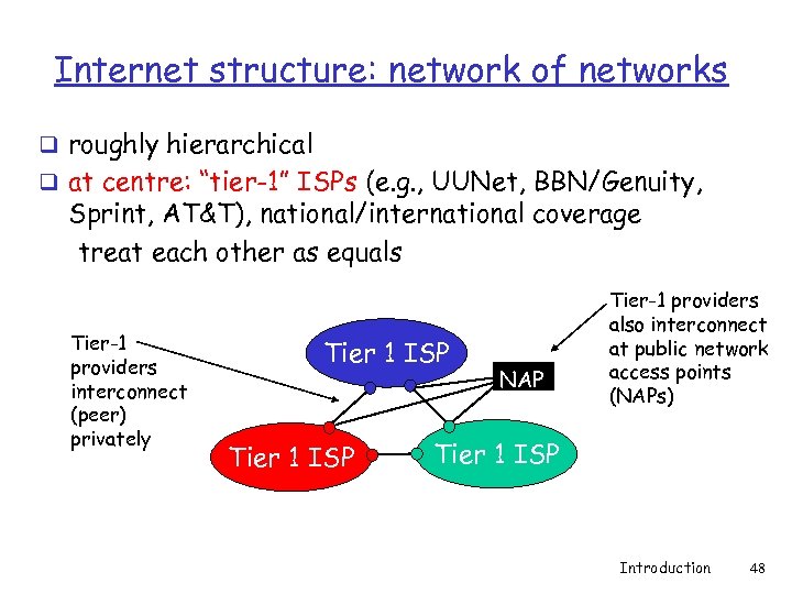 Internet structure: network of networks q roughly hierarchical q at centre: “tier-1” ISPs (e.