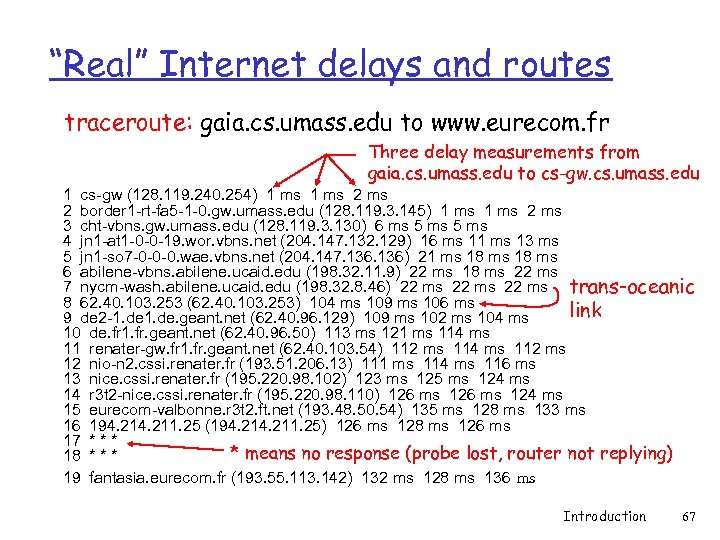 “Real” Internet delays and routes traceroute: gaia. cs. umass. edu to www. eurecom. fr