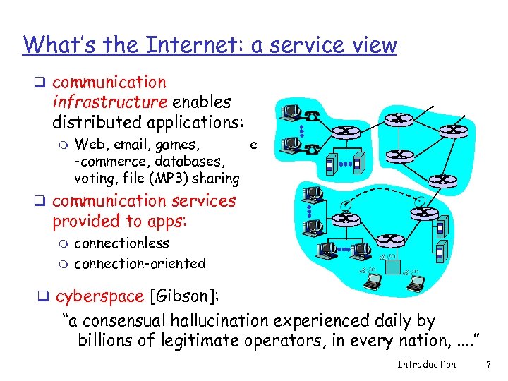 What’s the Internet: a service view q communication infrastructure enables distributed applications: m Web,