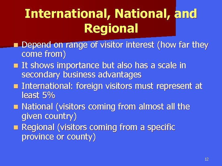 International, National, and Regional n n n Depend on range of visitor interest (how