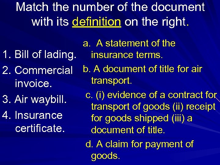 Match the number of the document with its definition on the right. a. A