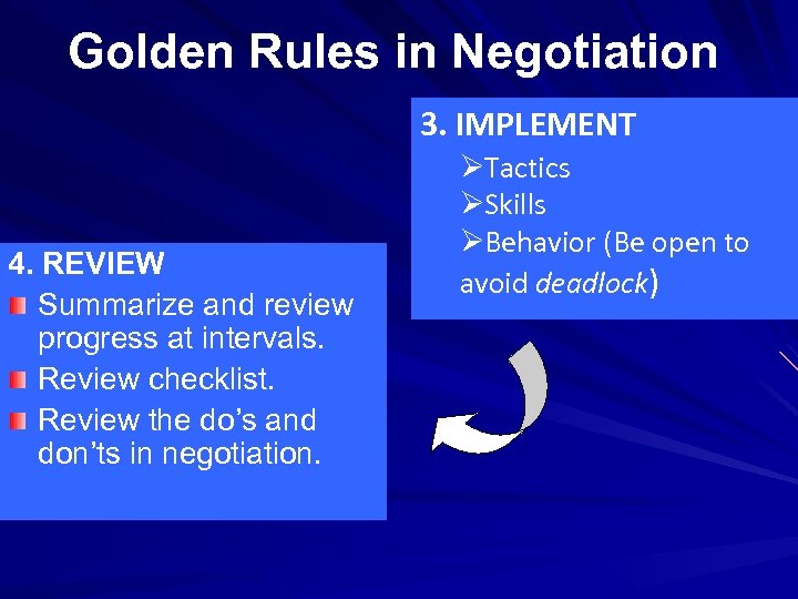 Golden Rules in Negotiation 3. IMPLEMENT 4. REVIEW Summarize and review progress at intervals.