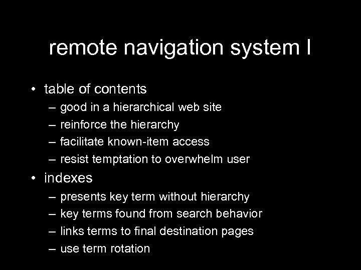 remote navigation system I • table of contents – – good in a hierarchical