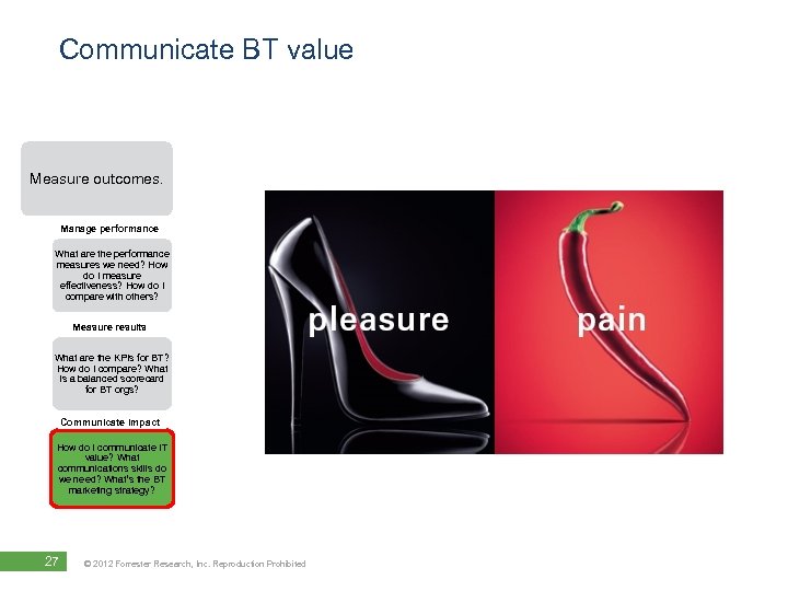 Communicate BT value Measure outcomes. Manage performance What are the performance measures we need?