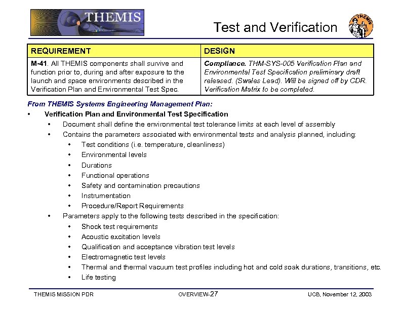 Test and Verification REQUIREMENT DESIGN M-41. All THEMIS components shall survive and function prior