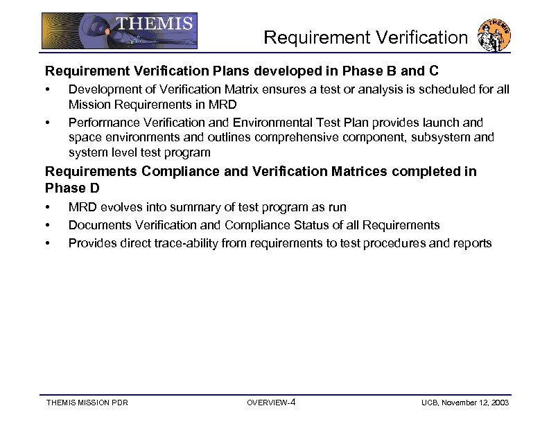 Requirement Verification Plans developed in Phase B and C • • Development of Verification