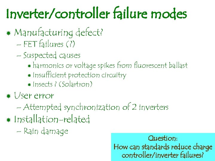 Inverter/controller failure modes Manufacturing defect? – FET failures (? ) – Suspected causes harmonics