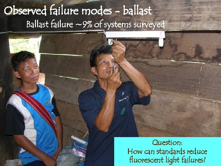 Observed failure modes - ballast Ballast failure ~9% of systems surveyed Question: How can