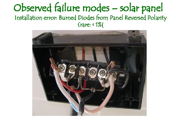 Observed failure modes – solar panel Installation error: Burned Diodes from Panel Reversed Polarity