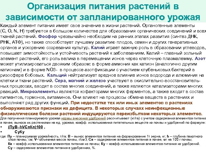 Организация питания растений в зависимости от запланированного урожая Каждый элемент питания имеет свое значение