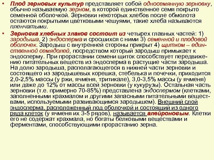  • Плод зерновых культур представляет собой односемянную зерновку, зерновку обычно называемую зерном, в