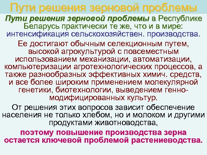 Пути решения зерновой проблемы в Республике Беларусь практически те же, что и в мире:
