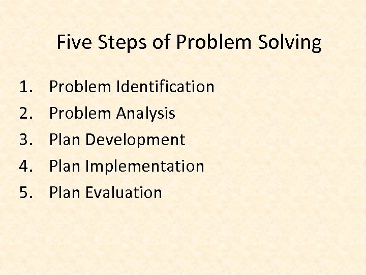Five Steps of Problem Solving 1. 2. 3. 4. 5. Problem Identification Problem Analysis