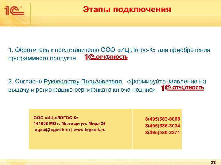 Этапы подключения 1. Обратитесь к представителю ООО «ИЦ Логос-К» для приобретения программного продукта 2.