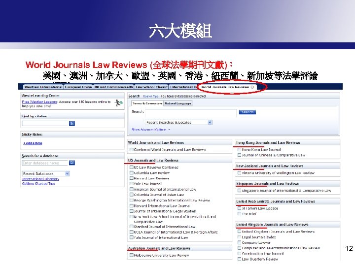 六大模組 World Journals Law Reviews (全球法學期刊文獻)： 美國、澳洲、加拿大、歐盟、英國、香港、紐西蘭、新加坡等法學評論 & 期刊 12 