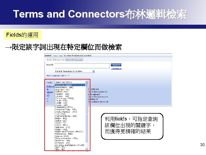 Terms and Connectors布林邏輯檢索 Fields的運用 →限定該字詞出現在特定欄位而做檢索 利用fields，可指定查詢 該欄位出現的關鍵字， 而獲得更精確的結果 30 