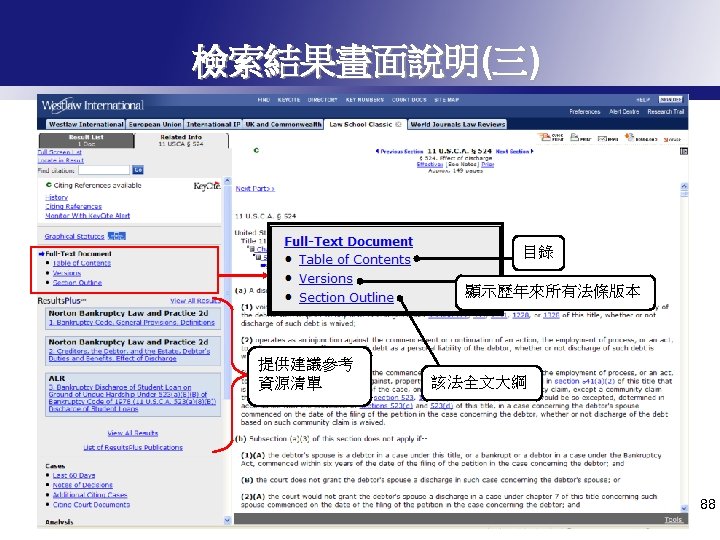 檢索結果畫面說明(三) 目錄 顯示歷年來所有法條版本 提供建議參考 資源清單 該法全文大綱 88 