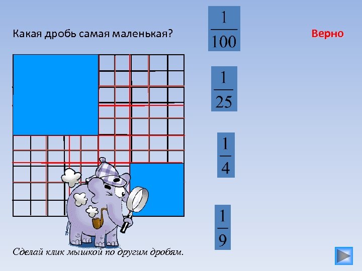 Какая дробь самая маленькая? Сделай клик мышкой по другим дробям. Верно 