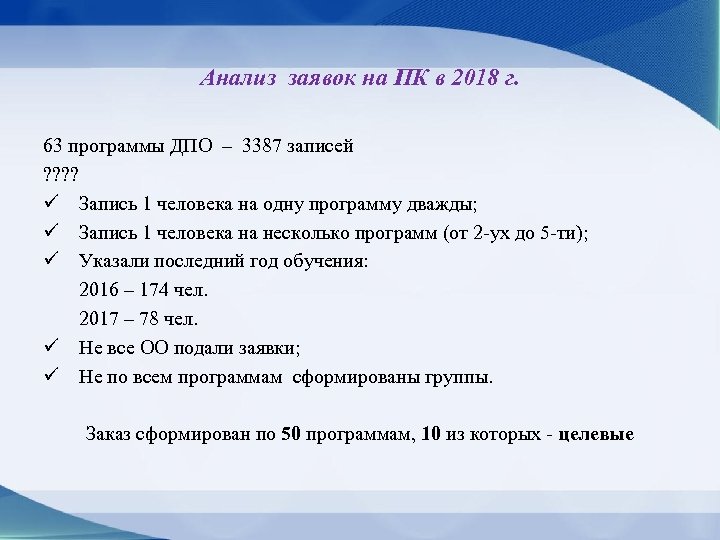 Анализ заявок на ПК в 2018 г. 63 программы ДПО – 3387 записей ?