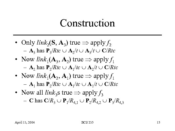 Construction • Only link 2(S, A 3) true apply f 2 – A 3