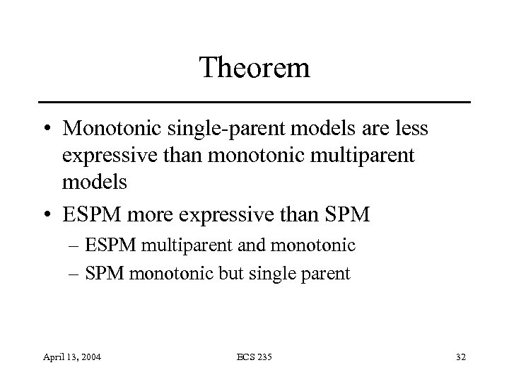 Theorem • Monotonic single-parent models are less expressive than monotonic multiparent models • ESPM