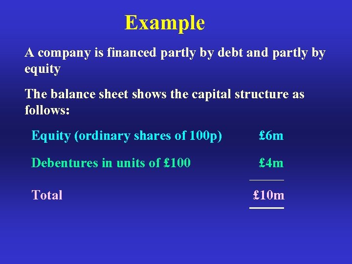 Example A company is financed partly by debt and partly by equity The balance