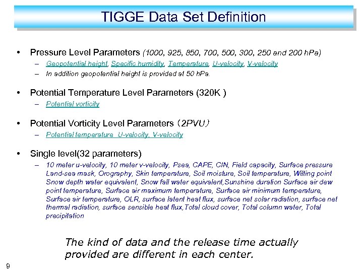 TIGGE Data Set Definition • Pressure Level Parameters (1000, 925, 850, 700, 500, 300,