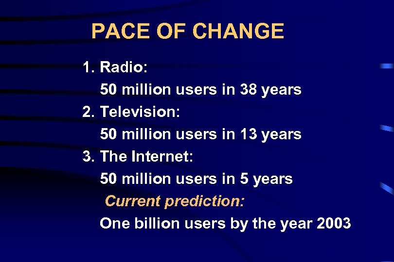 PACE OF CHANGE 1. Radio: 50 million users in 38 years 2. Television: 50