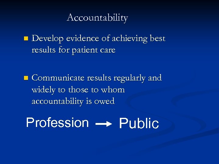 Accountability n Develop evidence of achieving best results for patient care n Communicate results