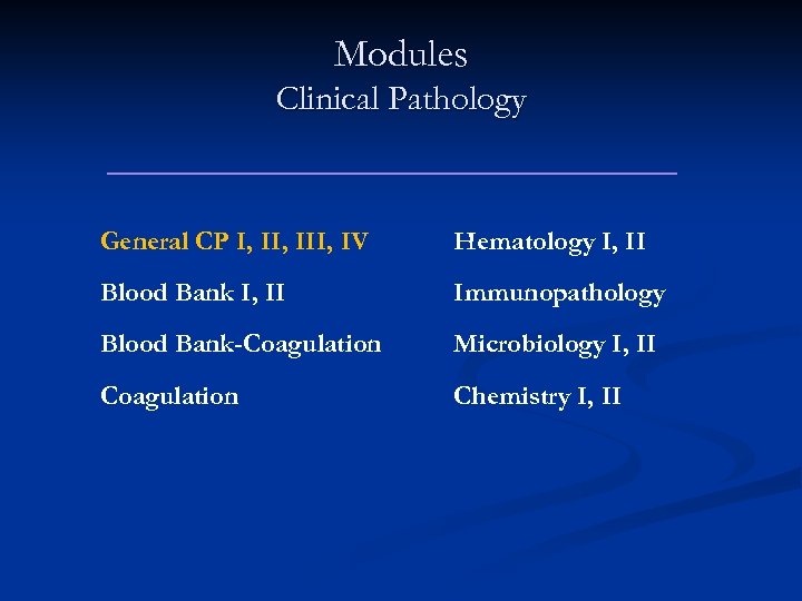 Modules Clinical Pathology General CP I, III, IV Hematology I, II Blood Bank I,