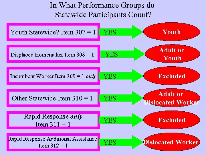 In What Performance Groups do Statewide Participants Count? YES Youth Displaced Homemaker Item 308