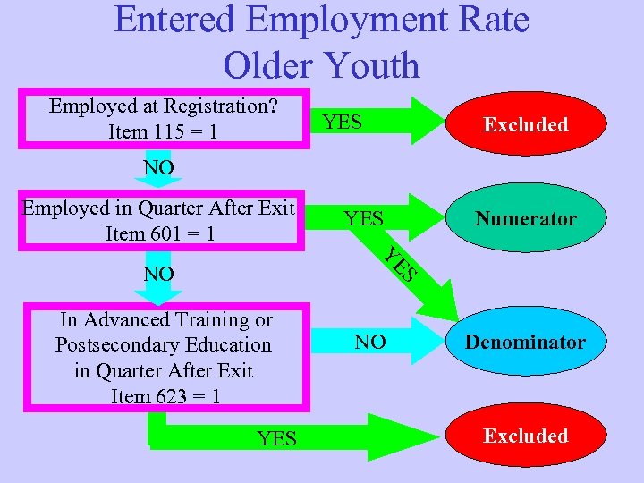 Entered Employment Rate Older Youth Employed at Registration? Item 115 = 1 YES Excluded