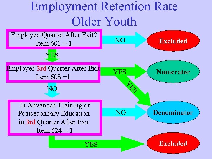 Employment Retention Rate Older Youth Employed Quarter After Exit? Item 601 = 1 NO