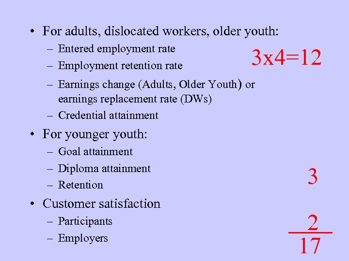  • For adults, dislocated workers, older youth: – Entered employment rate – Employment