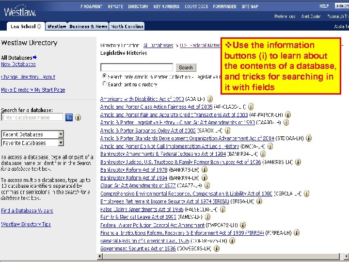 v. Use the information buttons (i) to learn about the contents of a database,